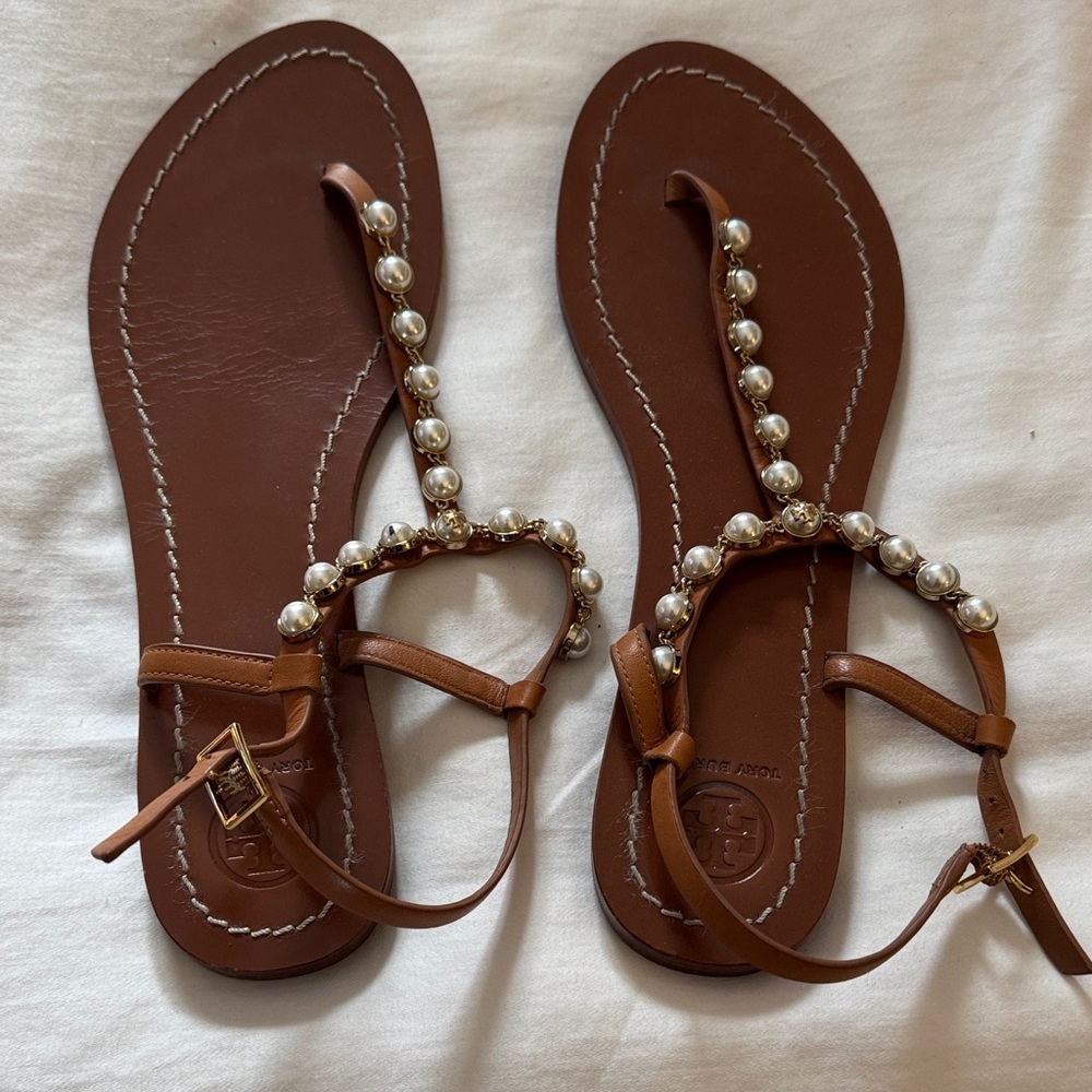 Tory Burch Brown Sandals with Pearl Details